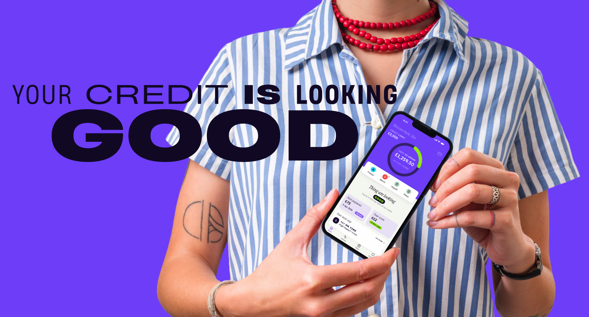 Credit Hub app preview showing the final design direction with bold purple branding and the 'Your Credit is Looking Good' messaging