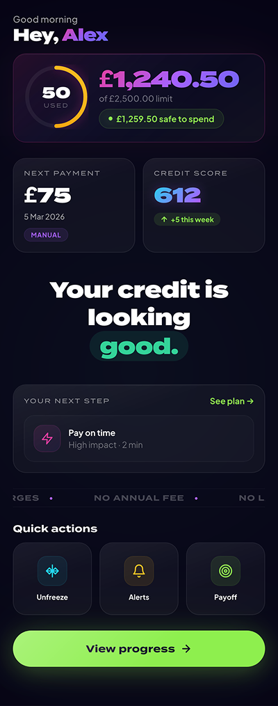 Code experiment 3: Dark theme with green accent, personal greeting, confidence messaging