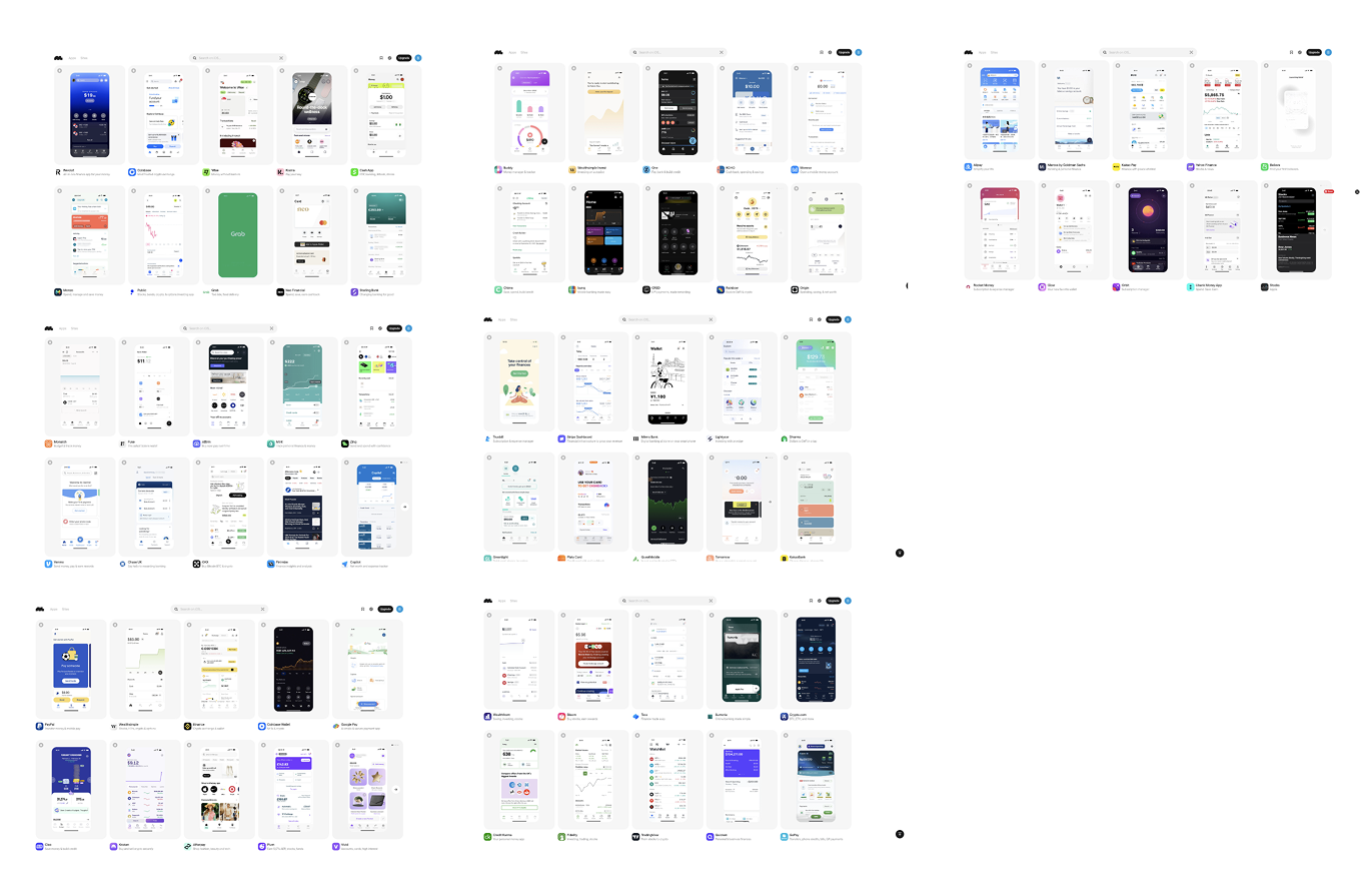 Screenshots from 8+ competitor apps analyzed during the research phase