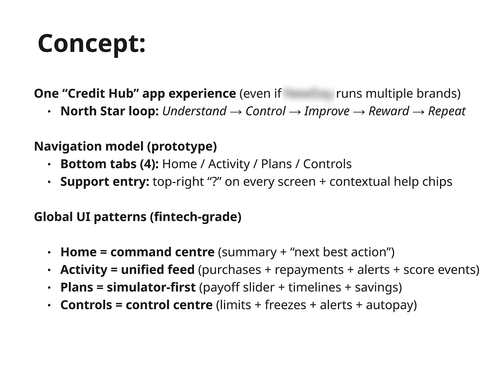 Credit Hub concept statement showing navigation model, North Star loop, and global UI patterns