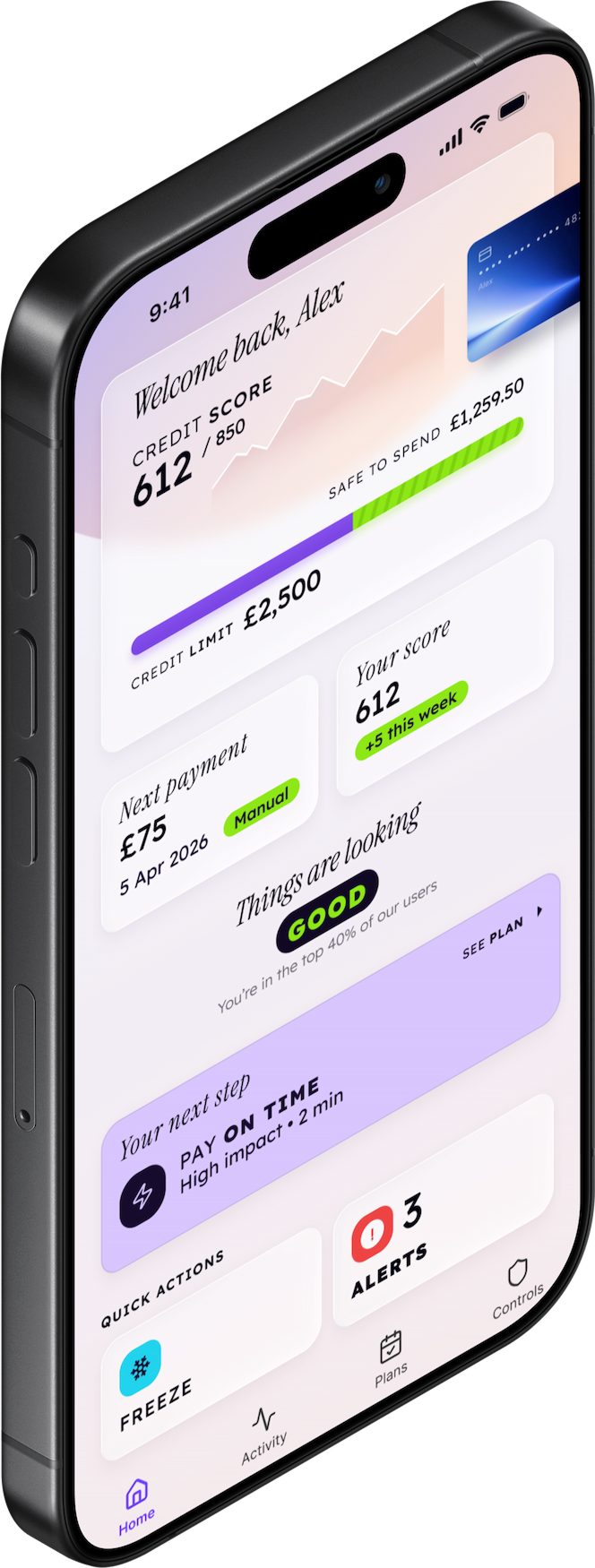 Final design on iPhone — light variant with credit score, safe to spend, and next step card
