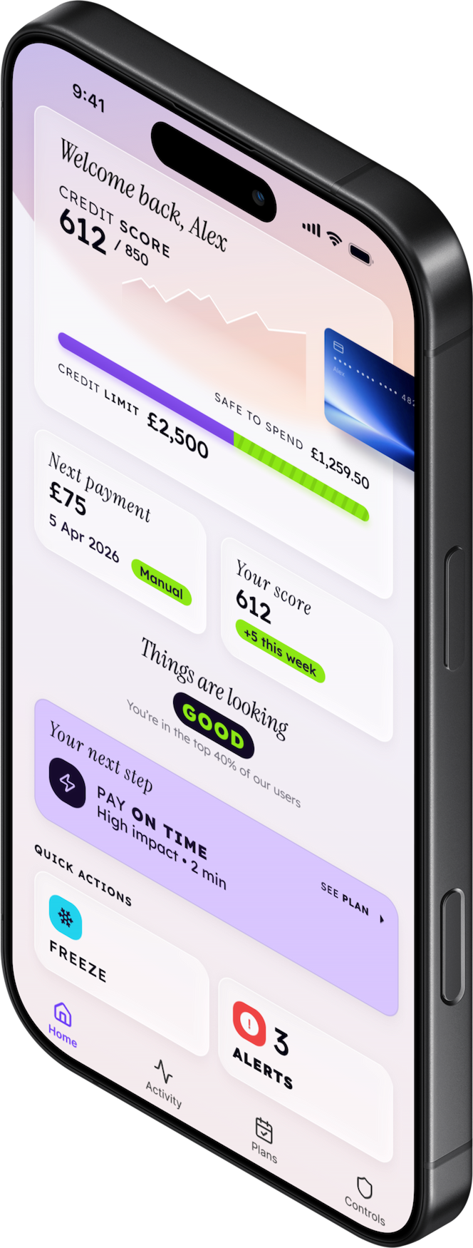 Device preview — angled view showing refined light variant with credit score and next step