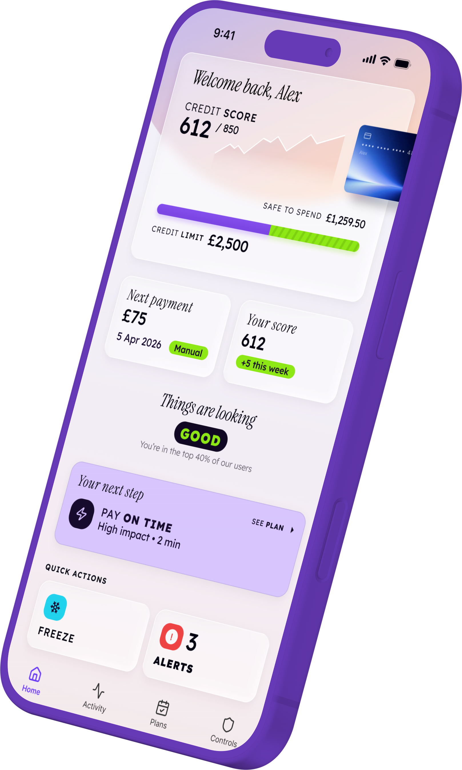 Final design on iPhone — purple variant with lime donut chart and credit card preview