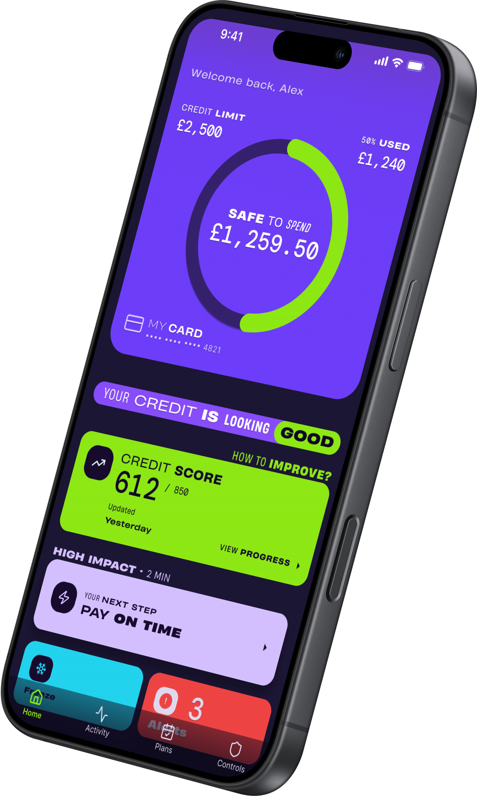 Final design on iPhone — bold purple/lime with large Safe to Spend amount and credit score