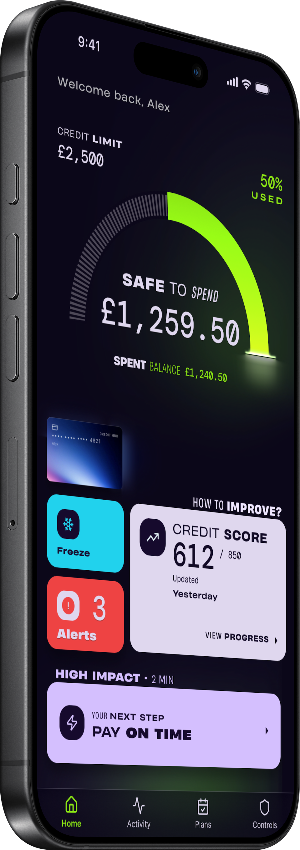 Final design on iPhone — dark variant with green donut, quick actions, and coaching card