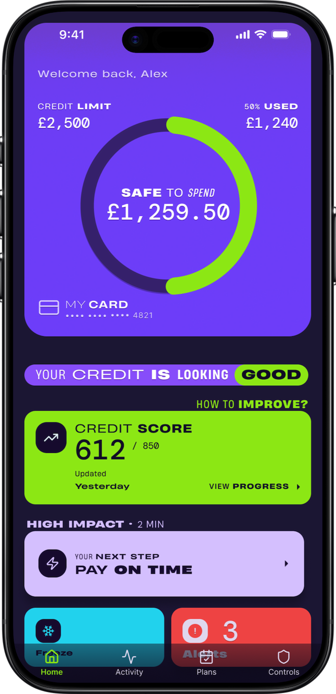 Device preview — purple/lime variant showing full dashboard with card preview and coaching