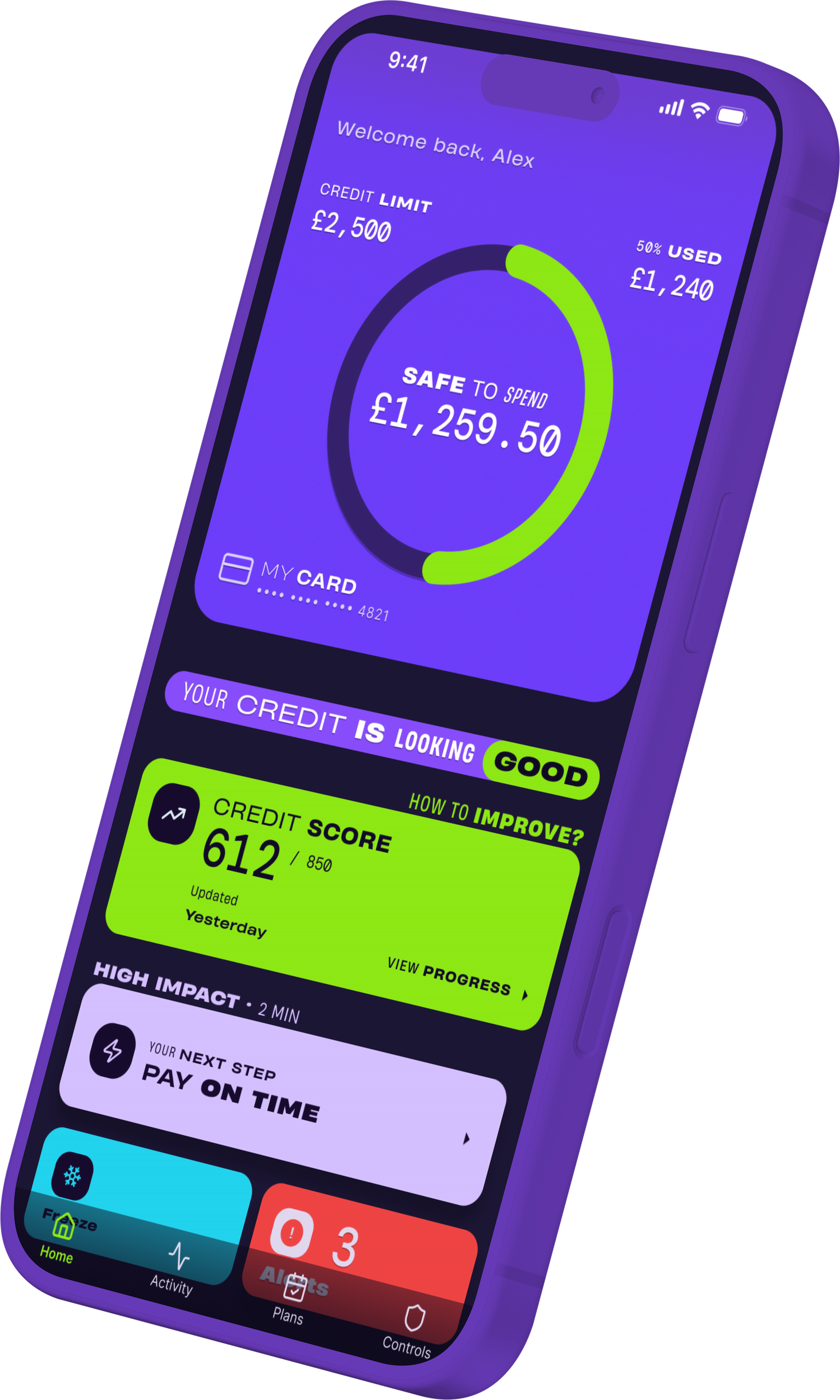 Device preview — purple frame variant with bold Safe to Spend and colour-coded quick action buttons