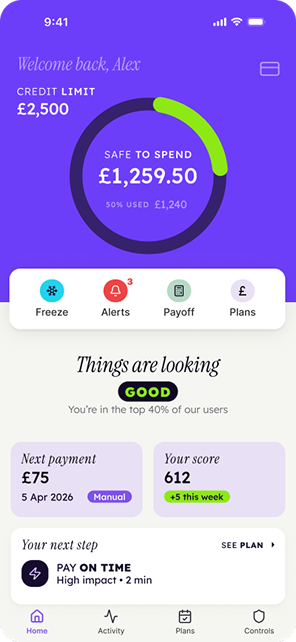 Figma direction 1: Bold purple/violet with green donut chart, 'Safe to Spend' focus