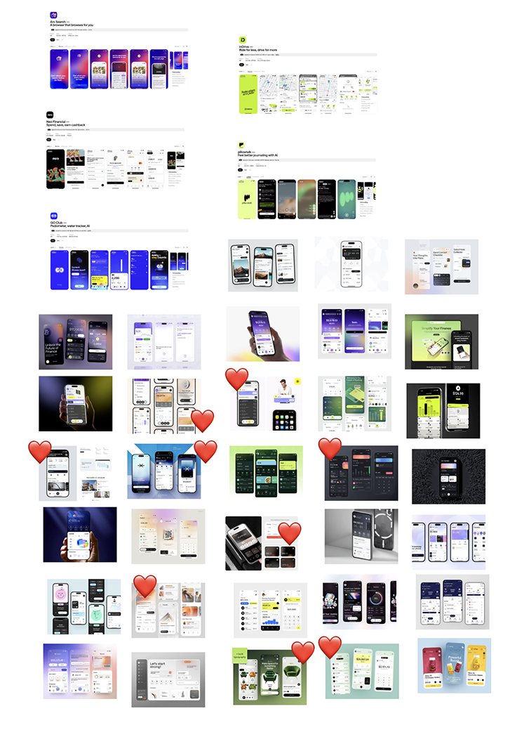 App inspiration board with favorites marked — dark themes, card-based layouts, bold typography