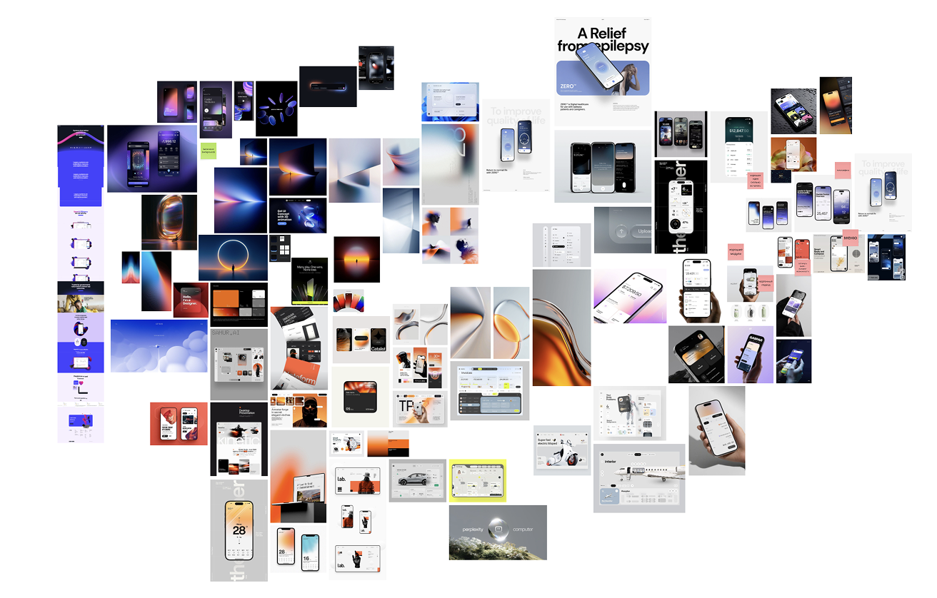 Visual moodboard with 60+ references spanning fintech, brand identity, and device mockup styles