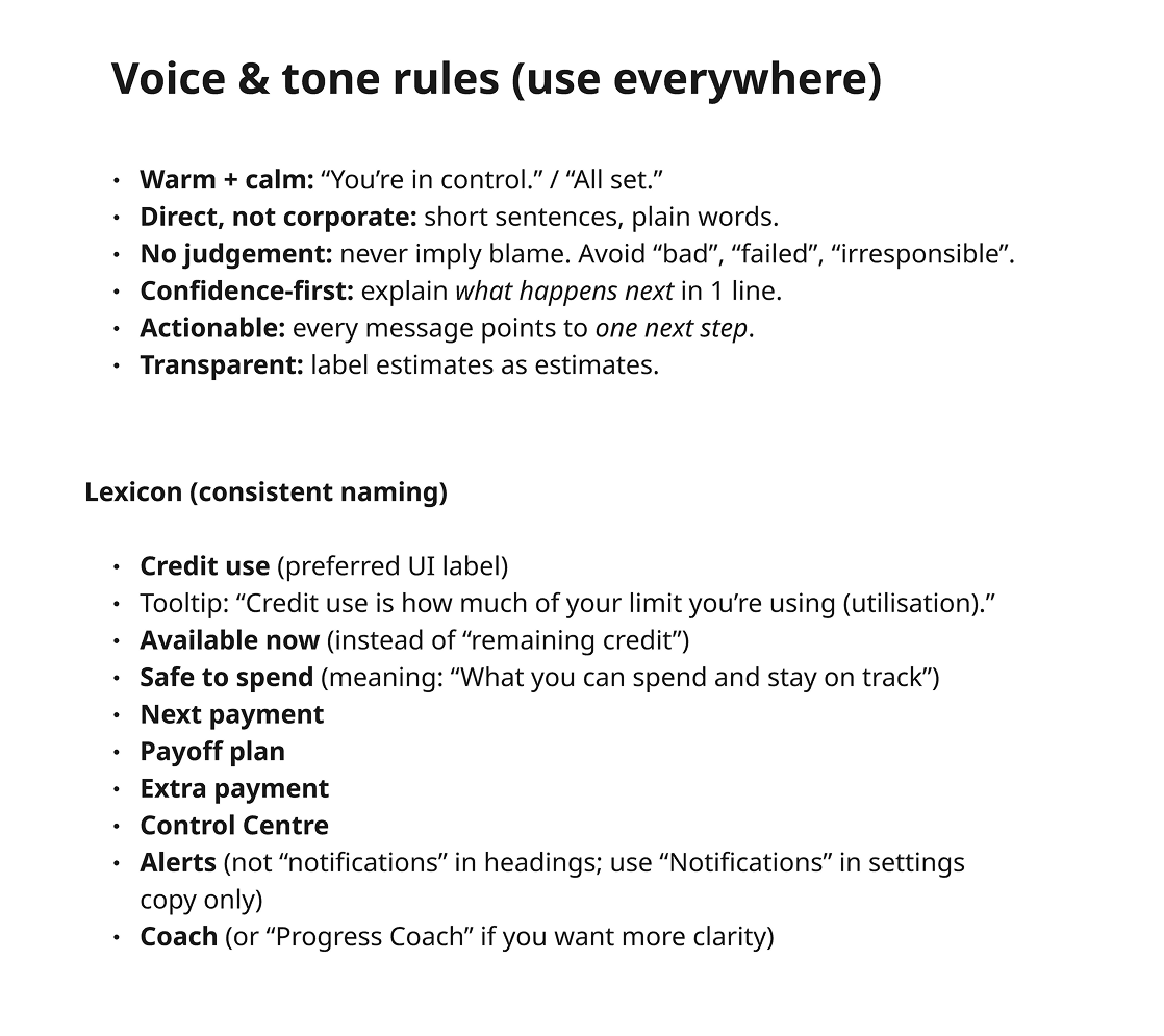 Voice and tone rules document showing principles (warm, direct, no judgement) and lexicon definitions
