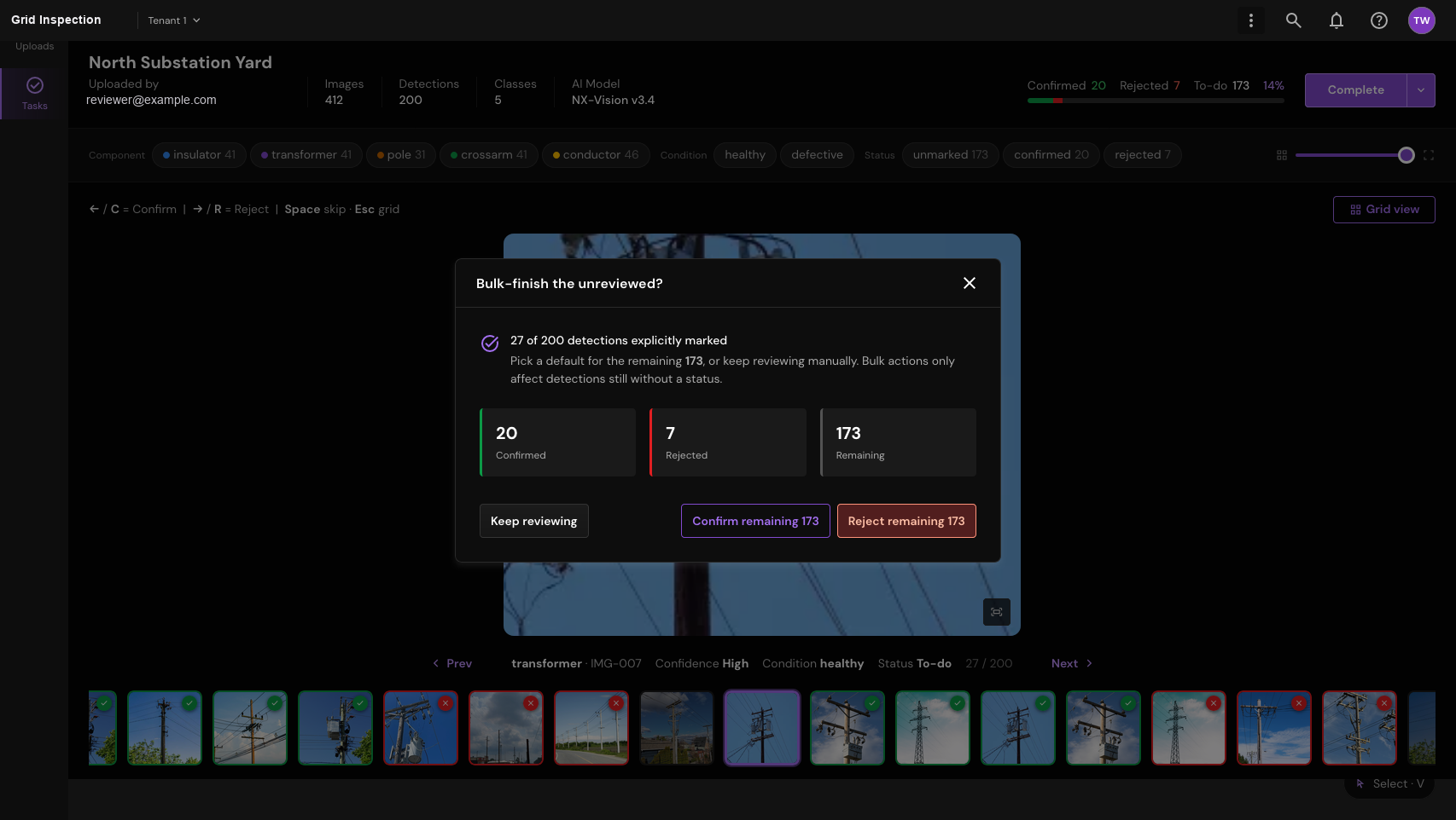 Resolve remaining items in bulk. Summarize the unresolved workload before a bulk confirmation or rejection.