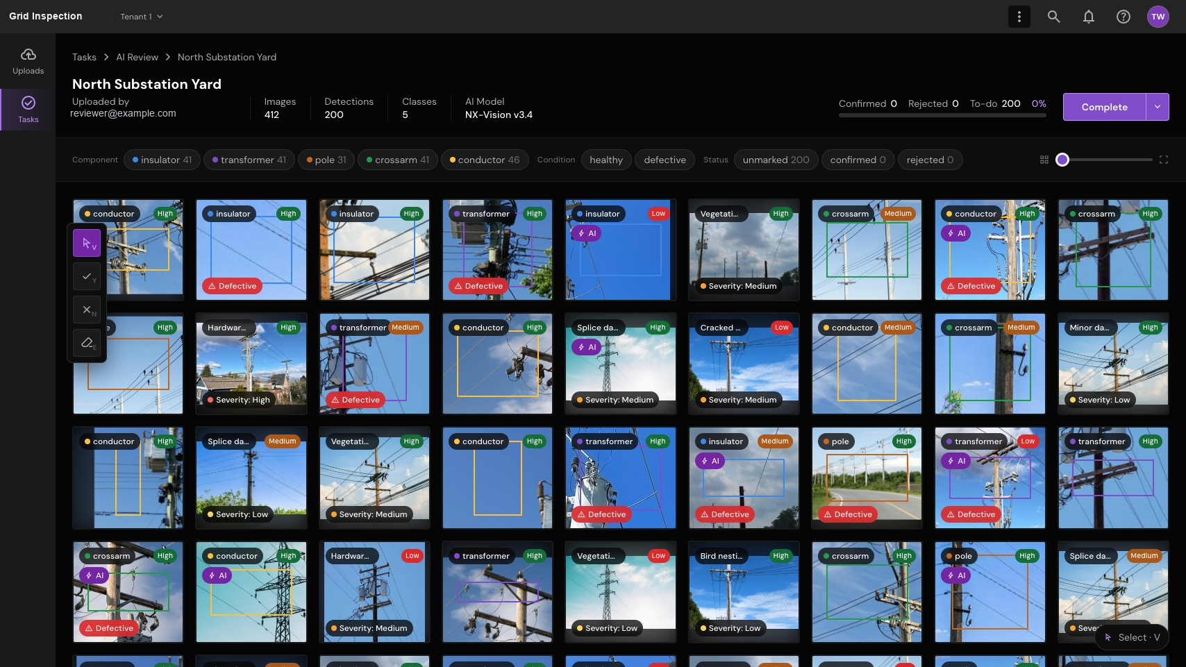 AI review workspace with aerial imagery, detection overlays, filters and human review actions