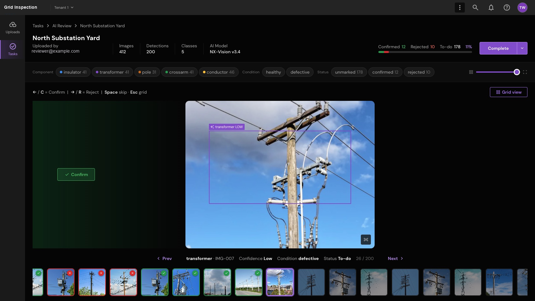 Review one detection. Move into a focused image with component context and explicit review actions.
