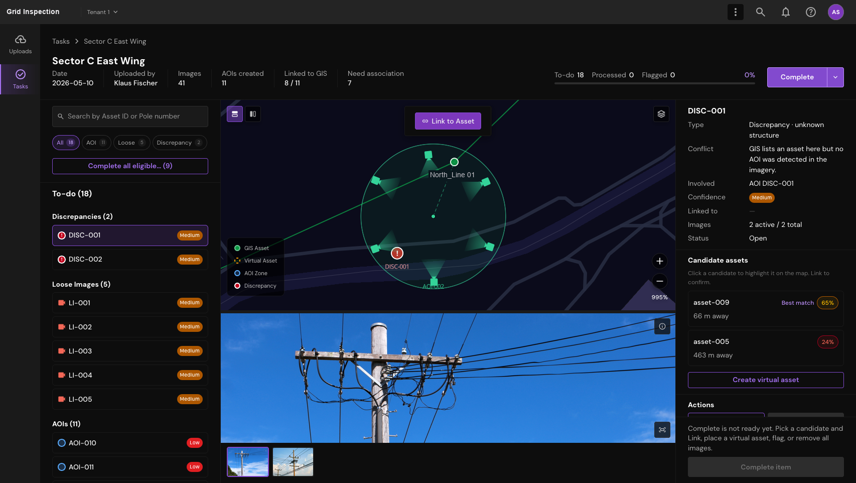 Association workspace with imagery, map and asset context