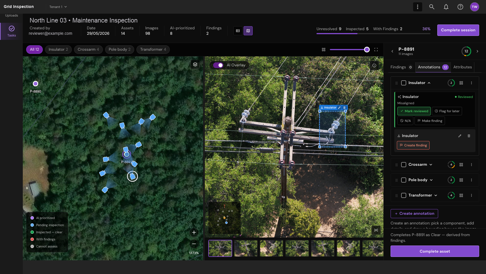 Use a two-column layout. Balance spatial context, detailed imagery and the assessment panel.