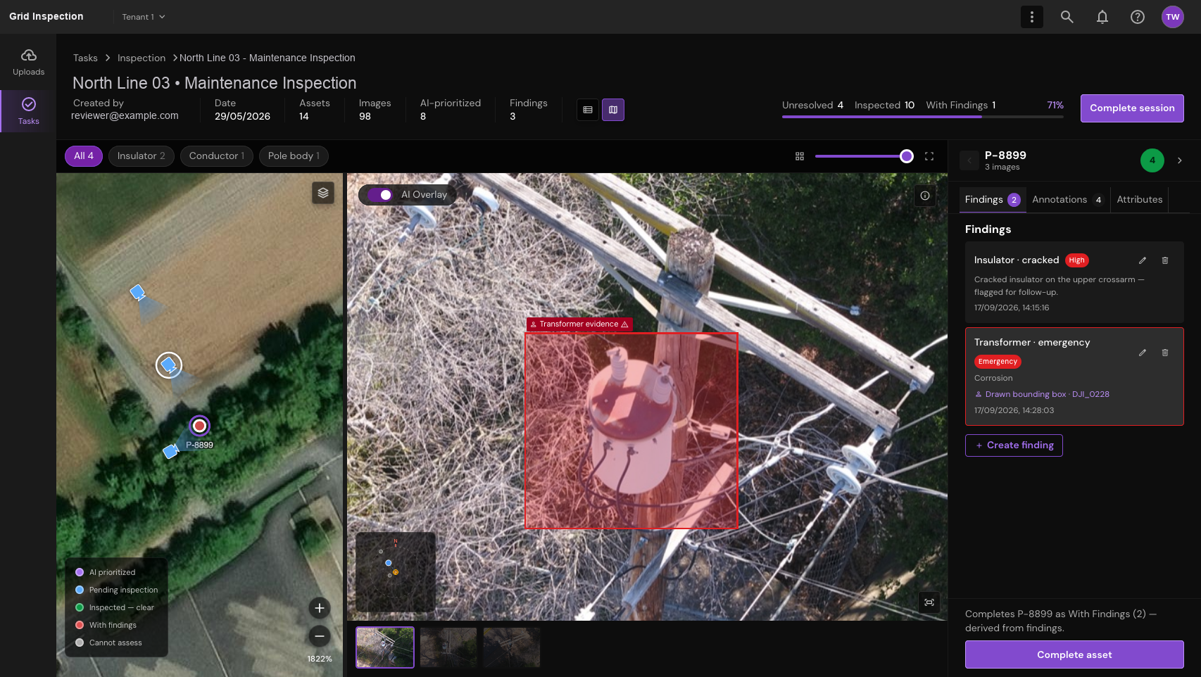 Review the saved finding. Show the recorded finding and its visual evidence on the asset.