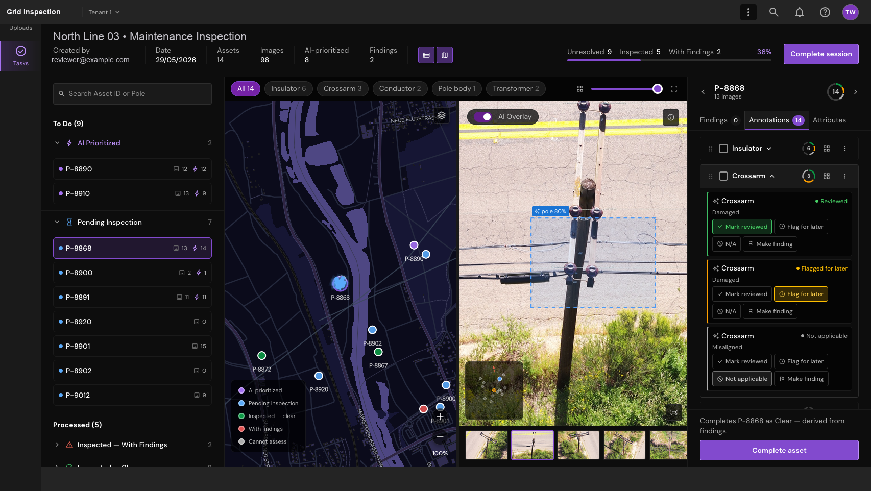 Assessment workspace with asset queue, imagery and findings