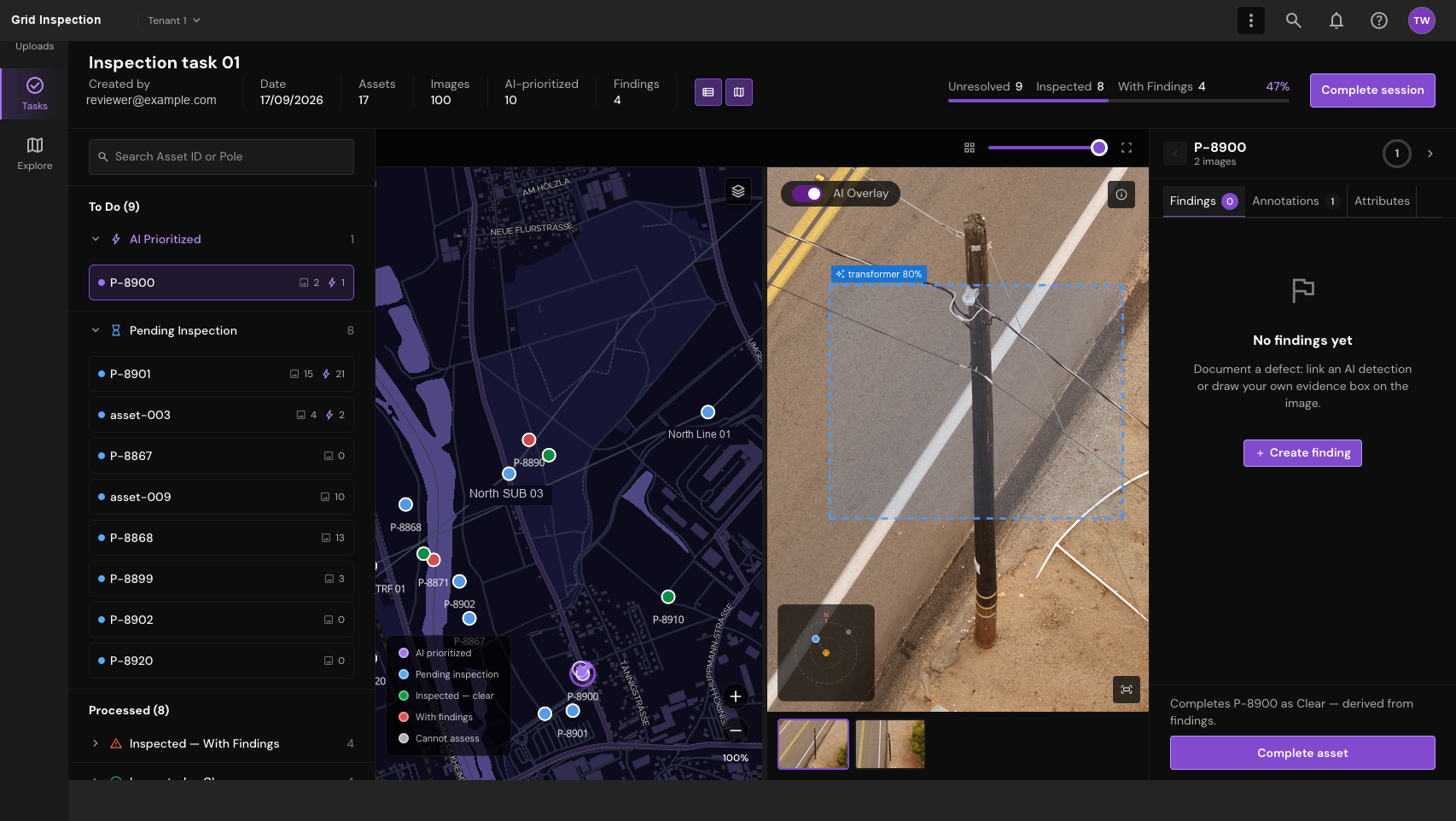Open the inspection workspace. Bring the asset queue, map, image and findings into one working context.