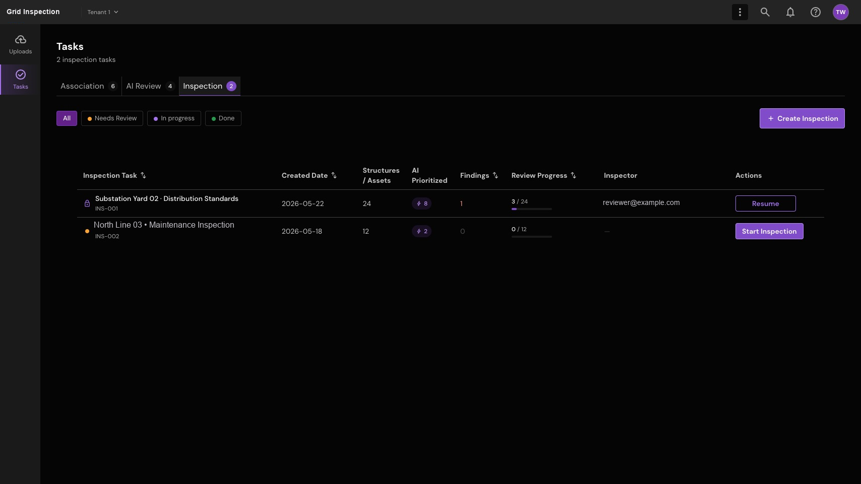 Select an inspection. Start from a queue of inspection tasks and their progress.