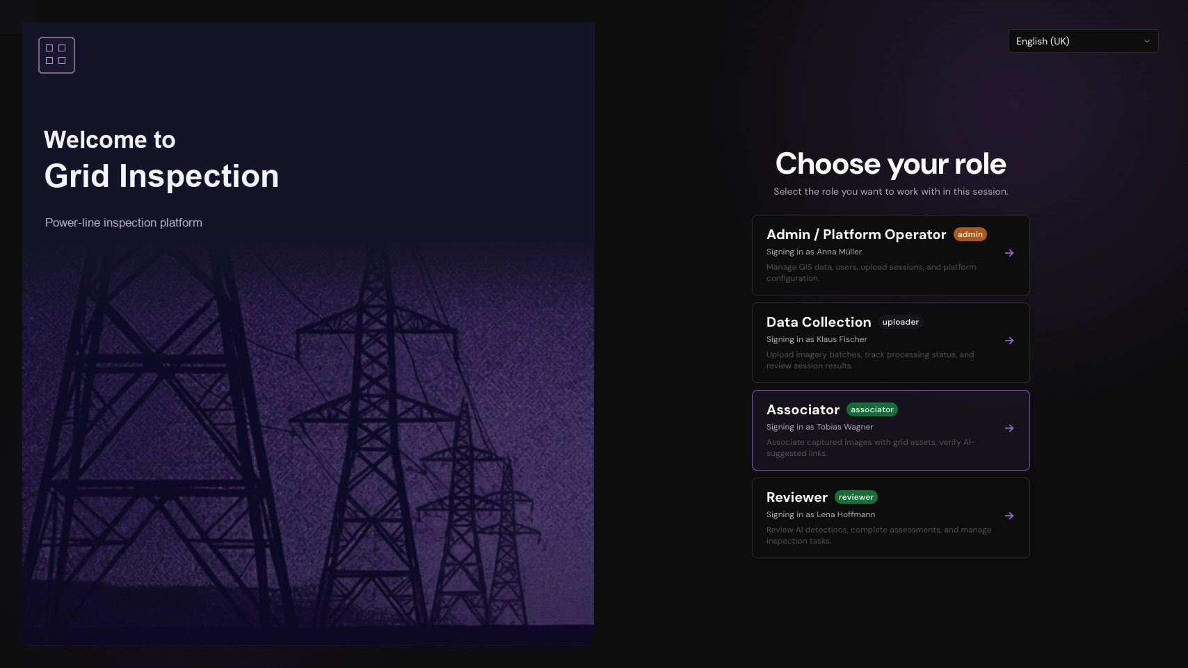 Choose a role. Continue into the workspace that matches the user’s responsibilities.