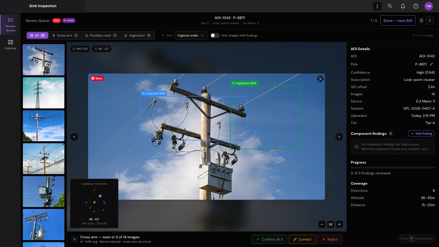 Open the evidence. Move from the queue into a focused reviewer workspace with imagery, detections and asset context.