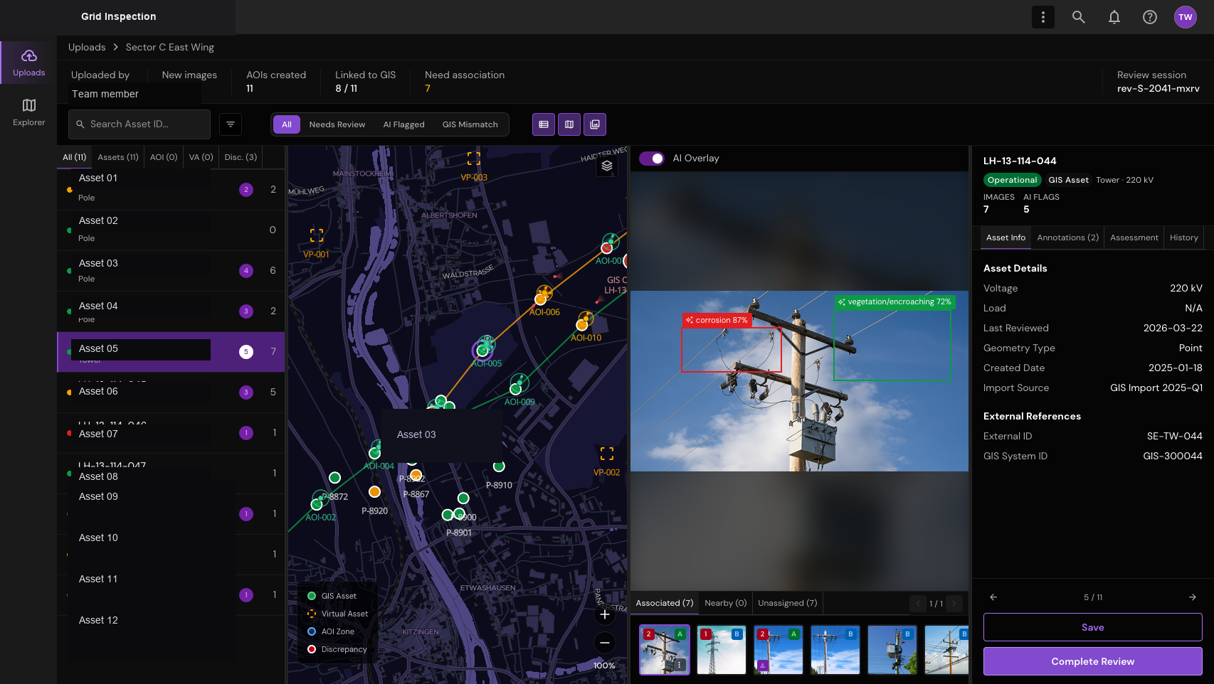 Bring map and asset context together. Test a split workspace where the map, asset list, image evidence and review state remain connected.
