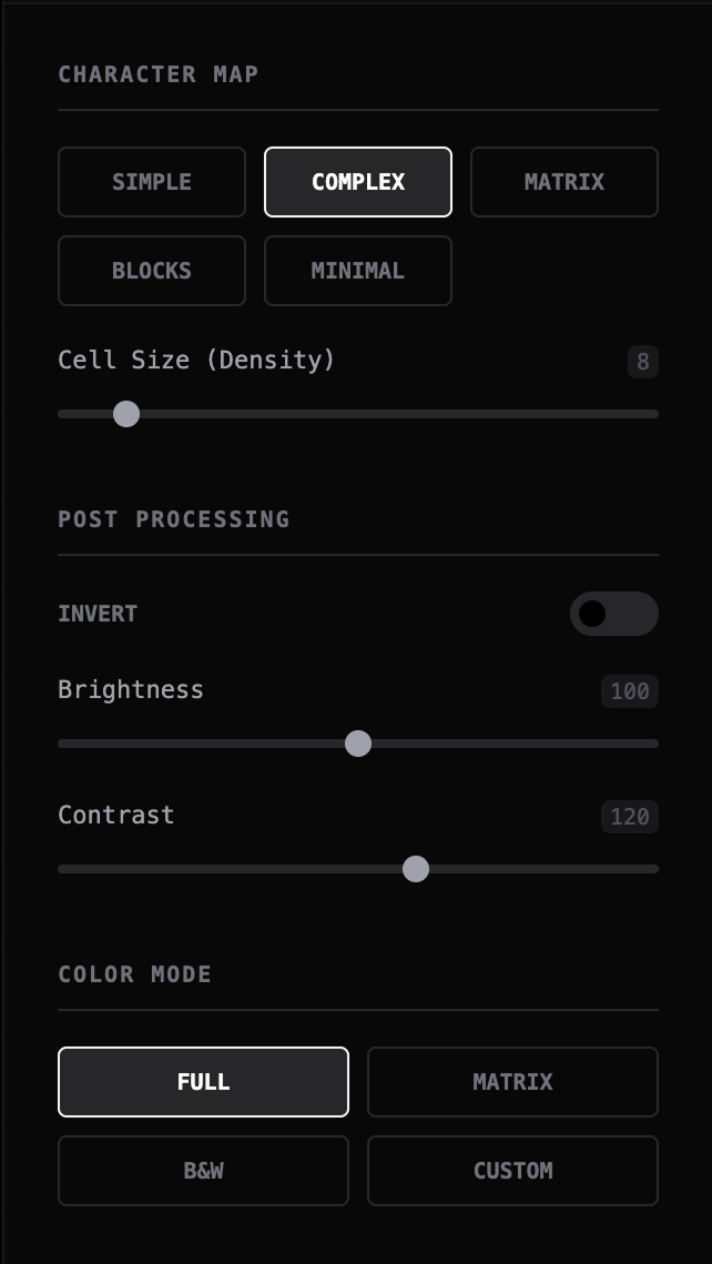 Control panel with character maps, sliders, and color modes