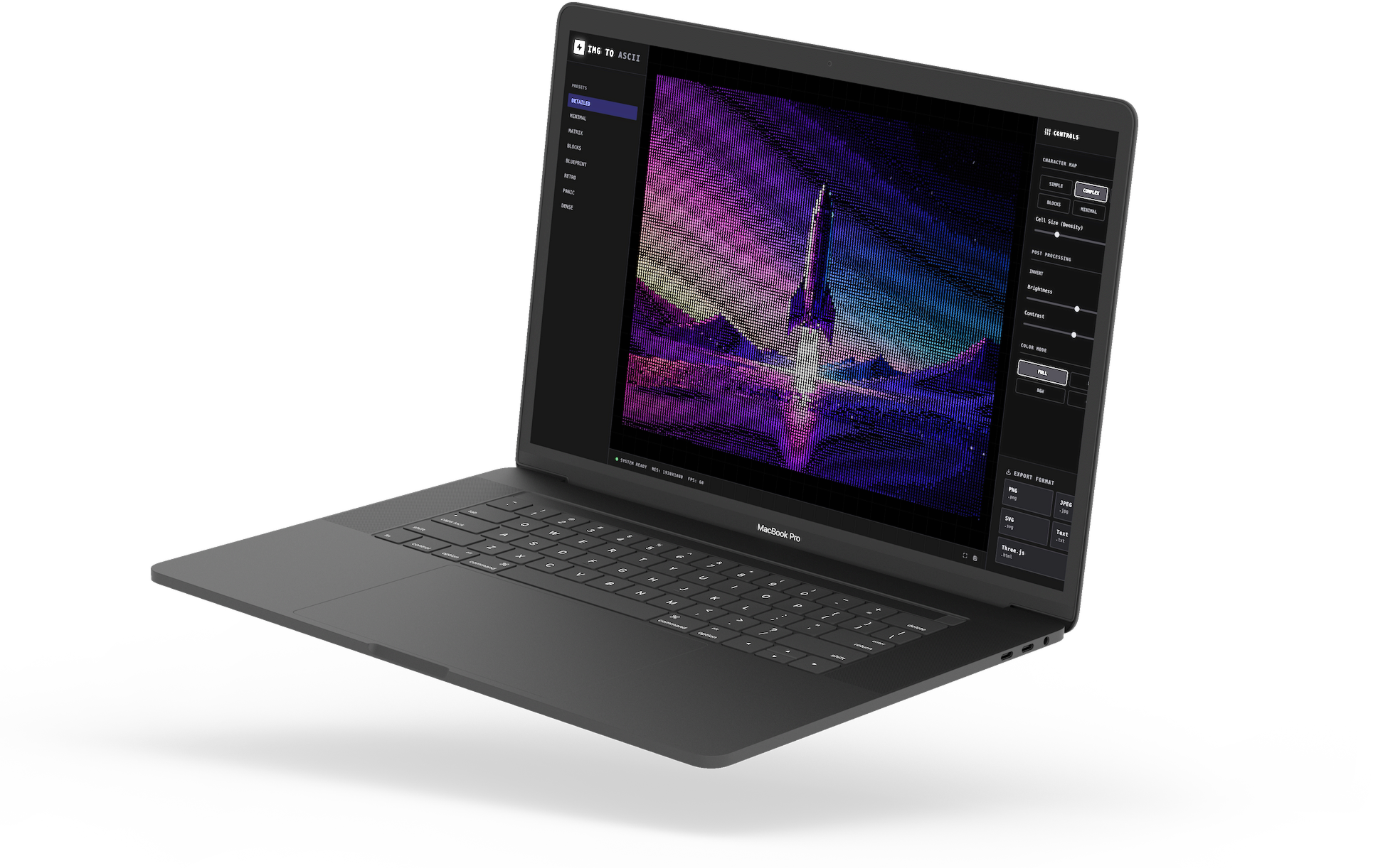 IMG TO ASCII running on MacBook Pro — side angle view