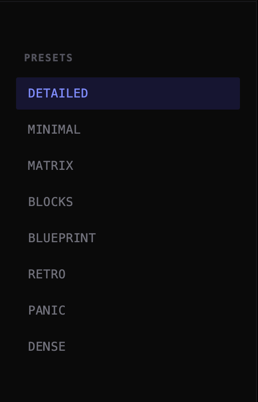 Preset rail showing Matrix, Blueprint, and Retro options