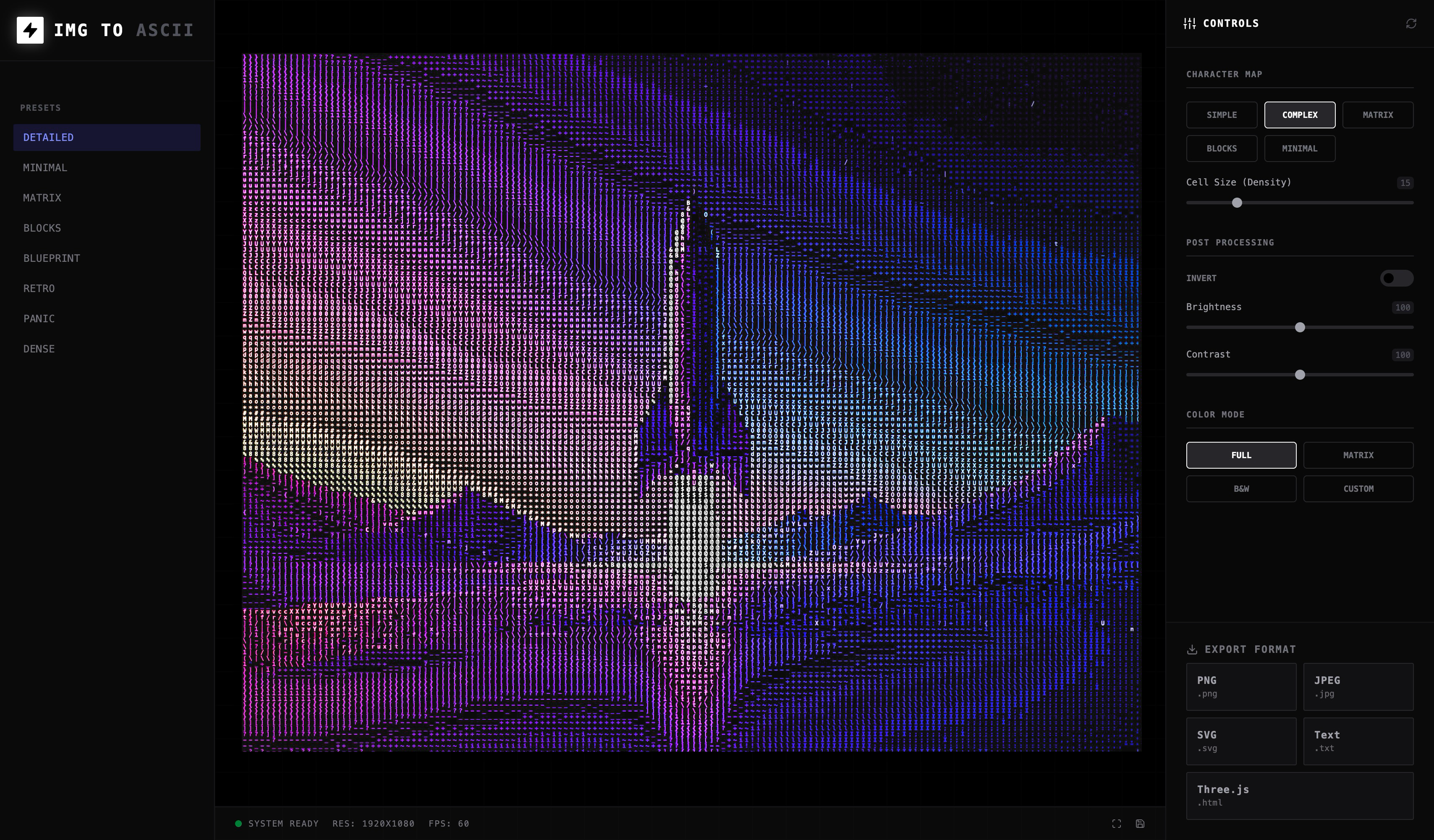 IMG TO ASCII main interface with three-panel layout
