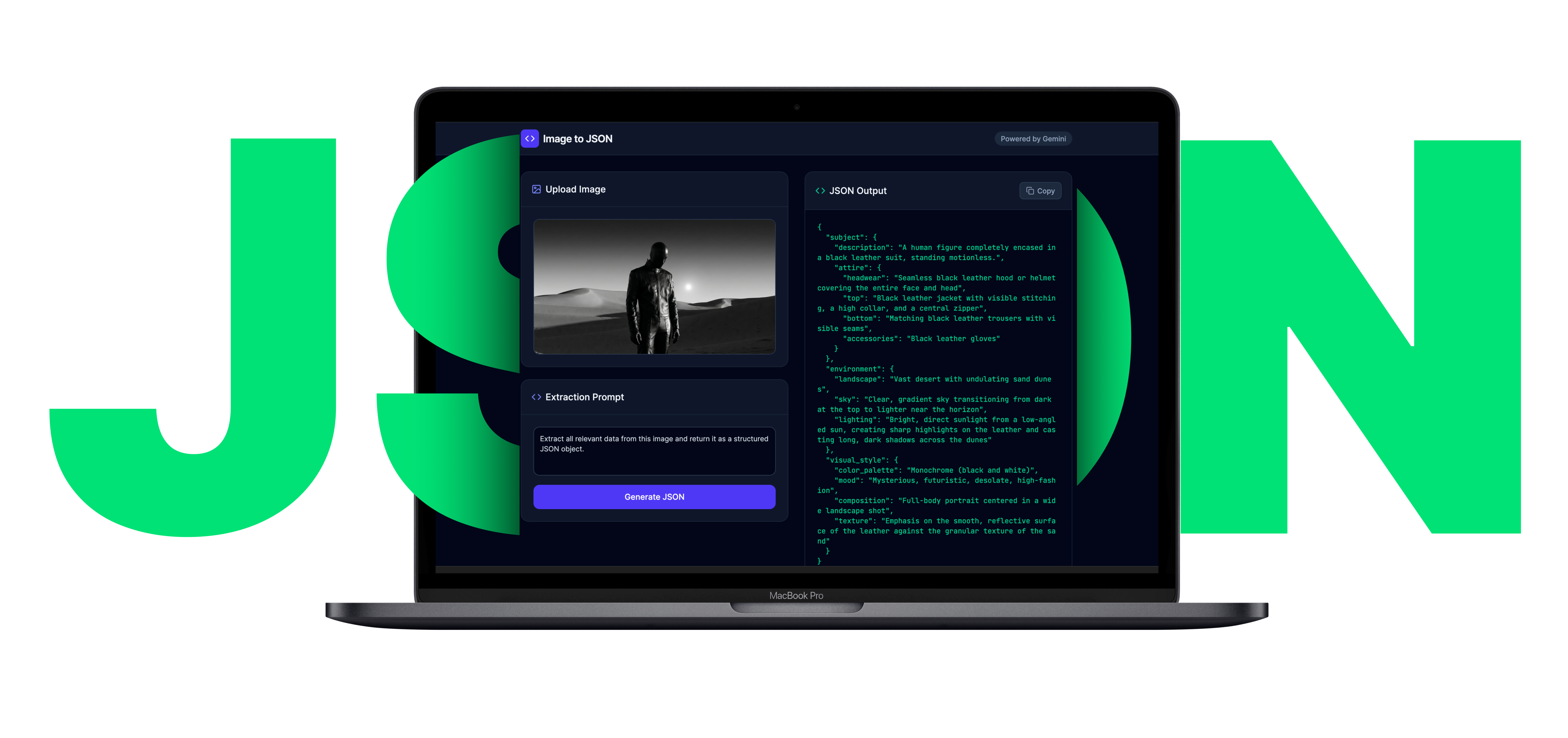 Image to JSON application interface showing a desert scene reference image on the left and structured JSON prompt output on the right