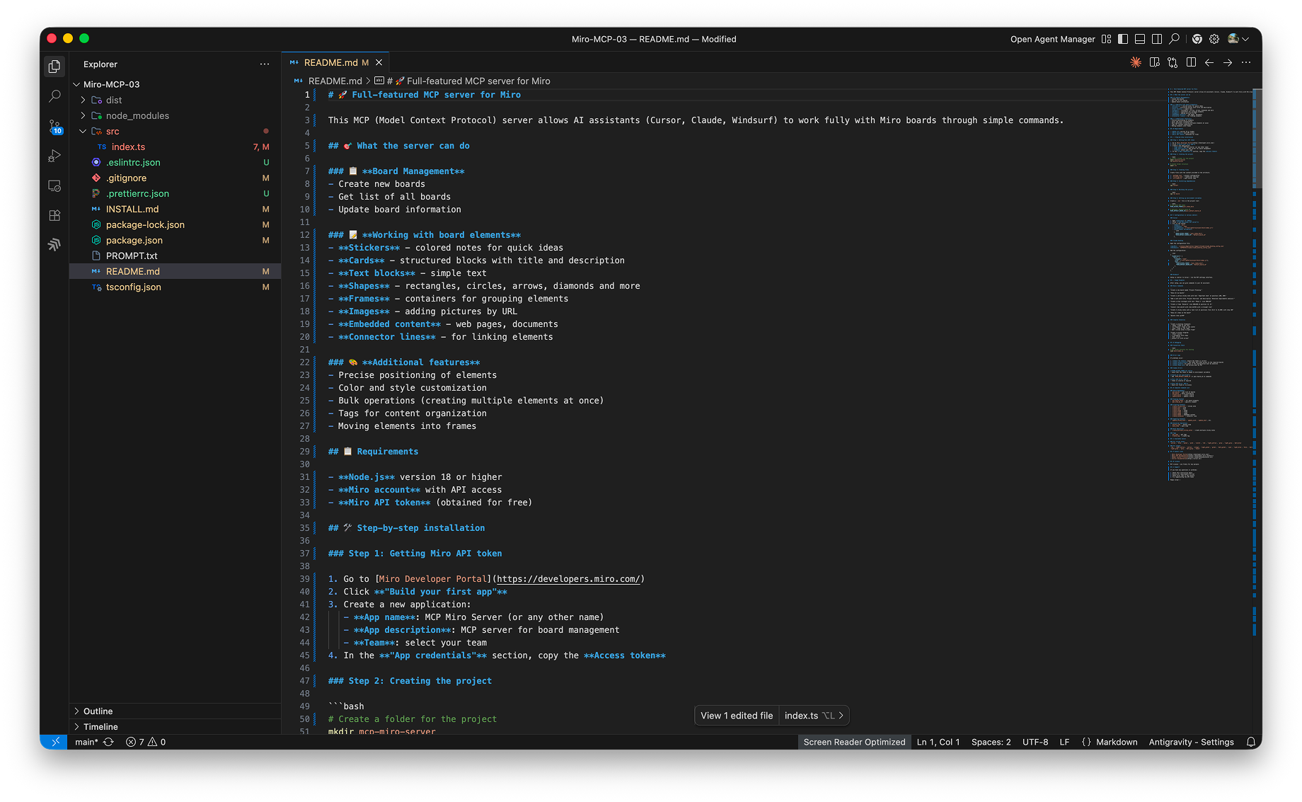 Antigravity IDE displaying the MCP server implementation codebase