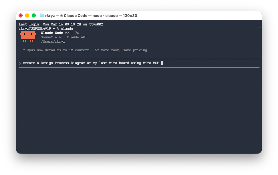 Claude Code IDE showing an MCP command for creating a Miro discovery board