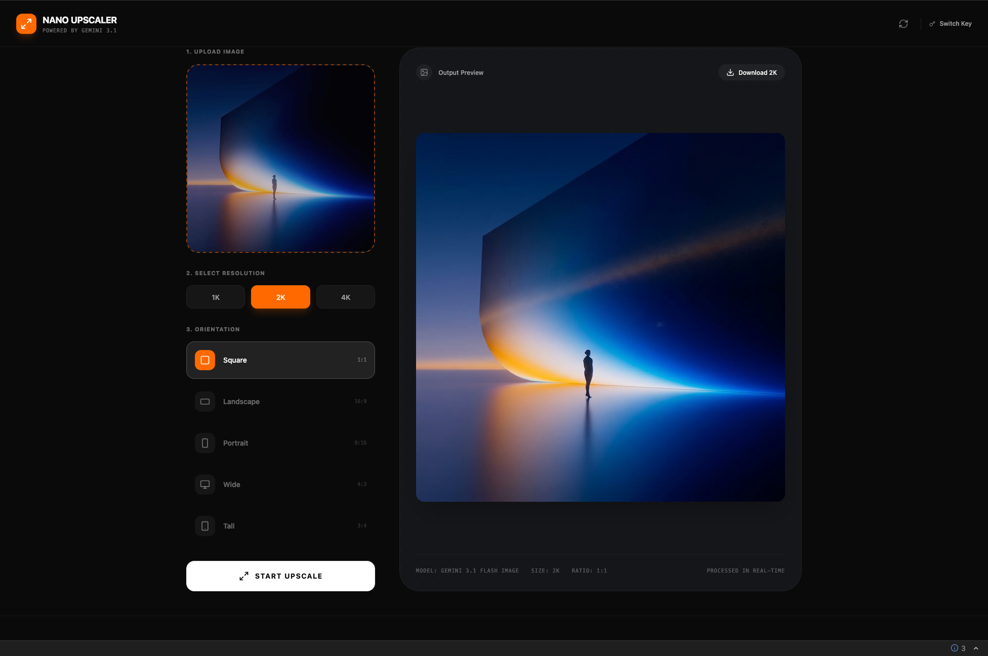 Nano Upscaler with a completed upscale showing the source image on the left and enhanced high-resolution output on the right with download button