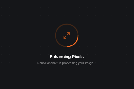 Upscaling in progress with circular progress indicator and Enhancing Pixels message