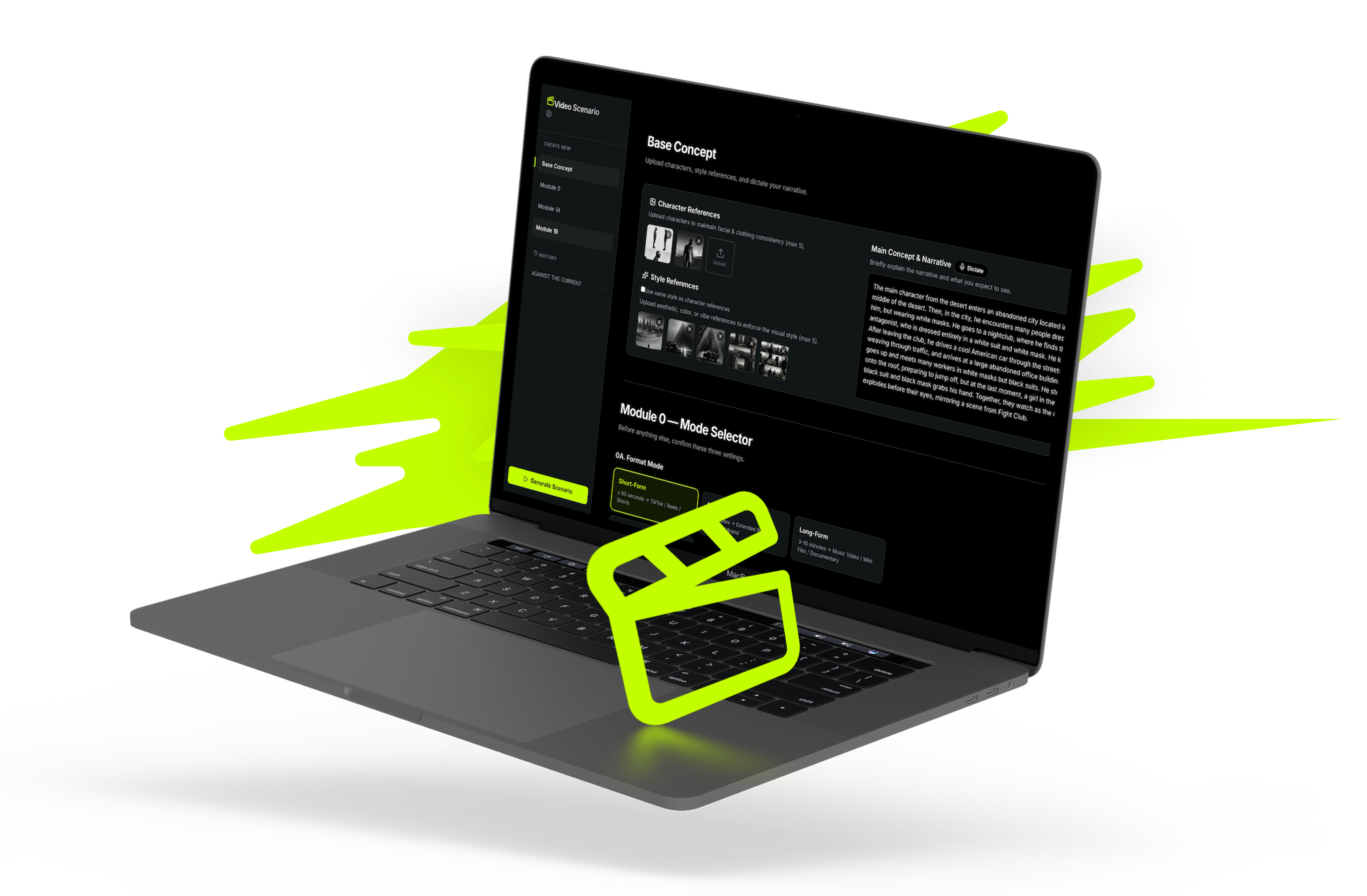 AI Video Scenario Generator main interface showing mode selector, input fields, and character reference upload areas