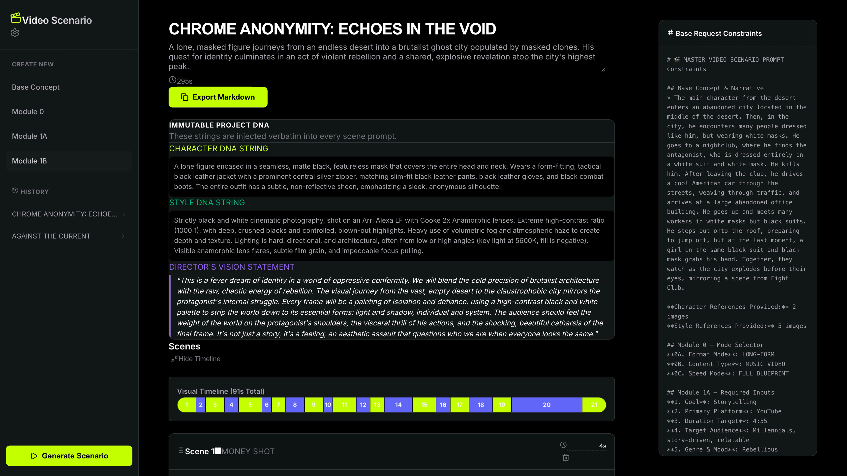 Version 2 outcome screen showing generated scenario overview with Project DNA, character profiles, and scene list