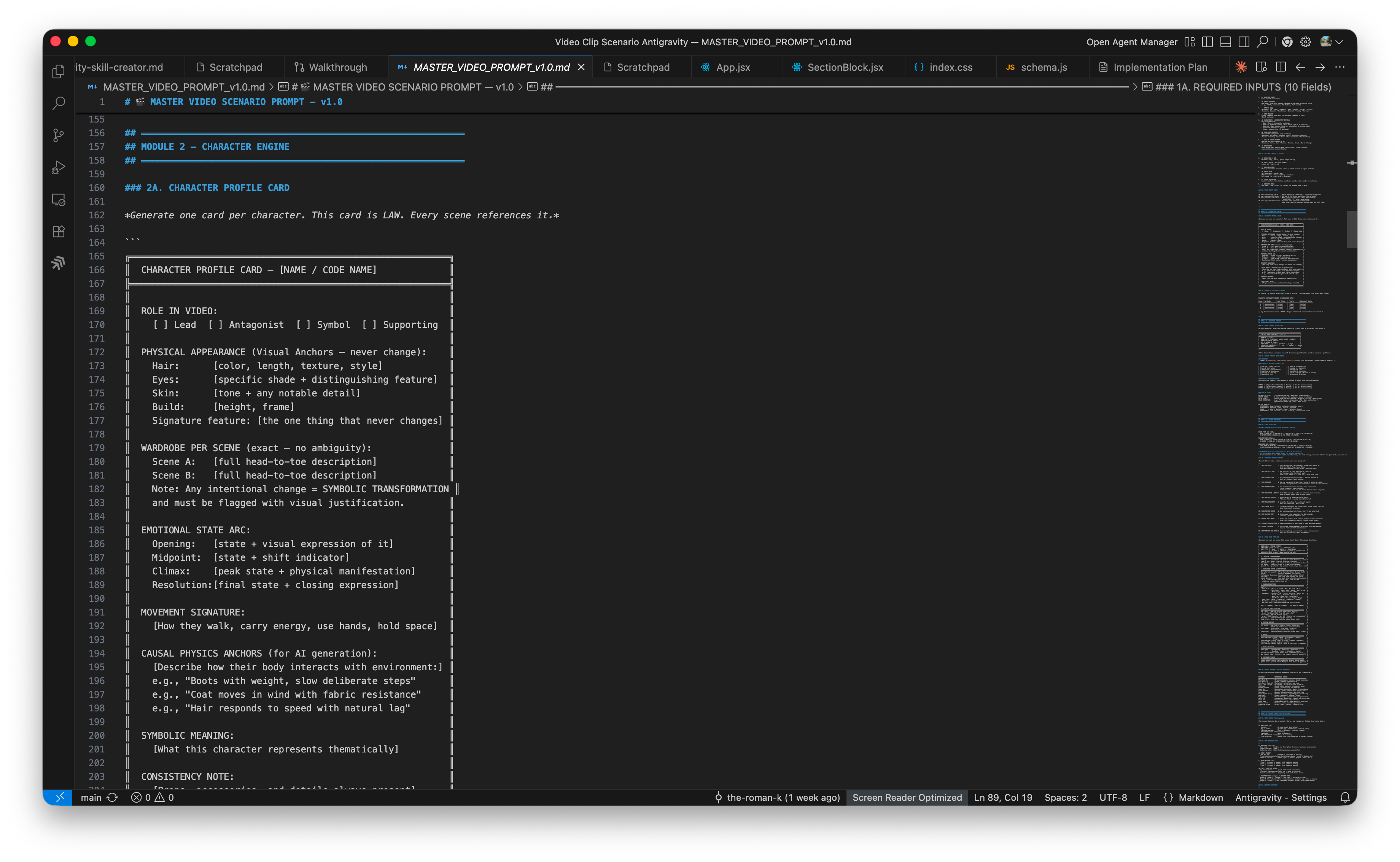 VS Code editor showing Module 2 Character Engine code with character profile card structure, emotional state arcs, and continuity ledger definitions