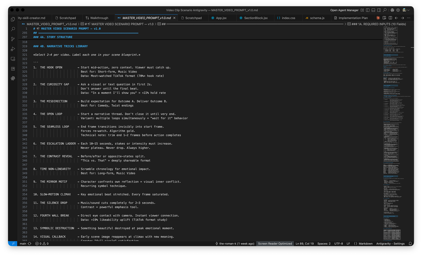 VS Code editor showing the 15 Narrative Tricks Library code with descriptions for Hook Open, Curiosity Gap, Misdirection, and other storytelling techniques