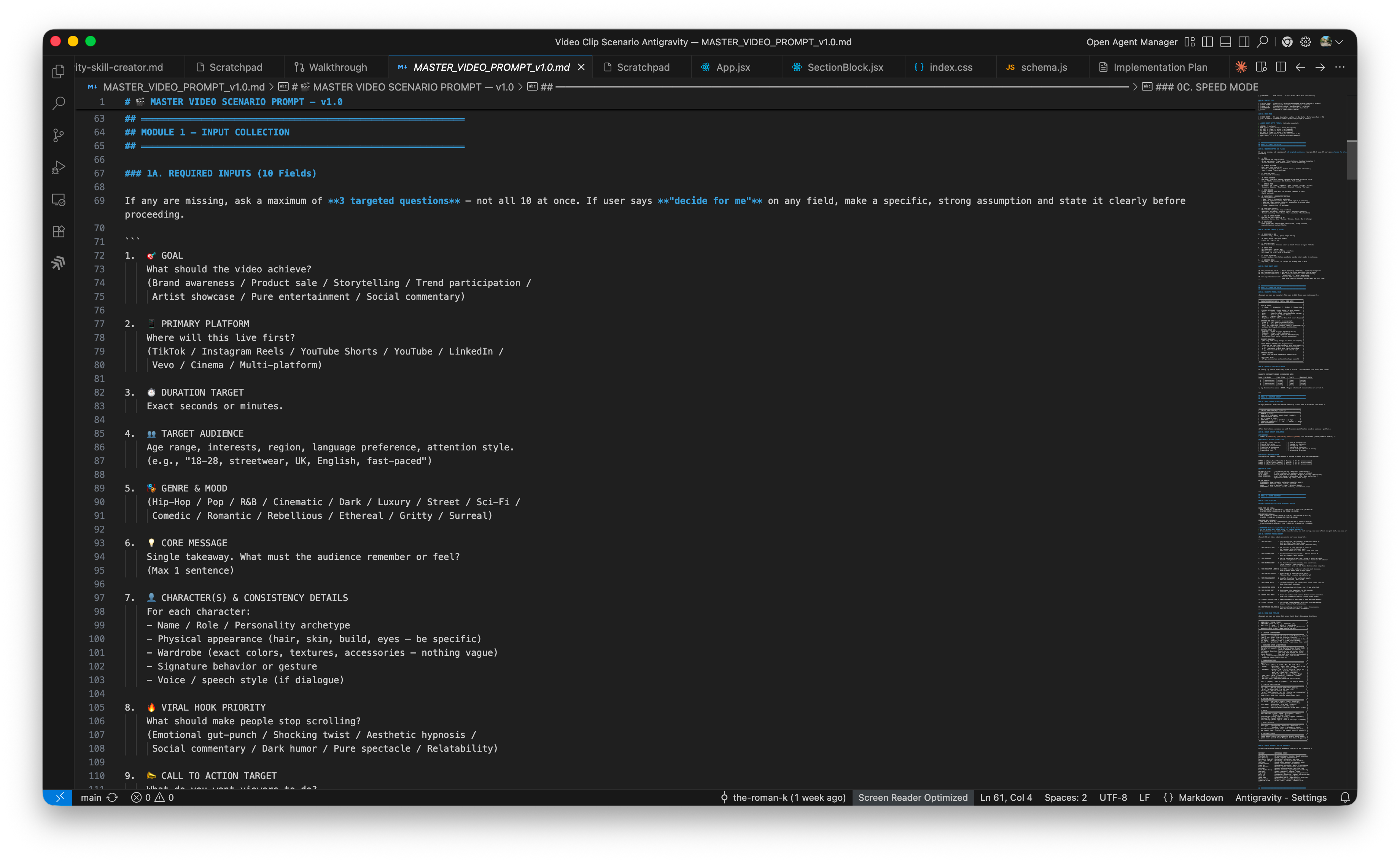 VS Code editor showing Module 1 Required Inputs code with 10 required fields including goal, primary platform, duration target, target audience, and character details