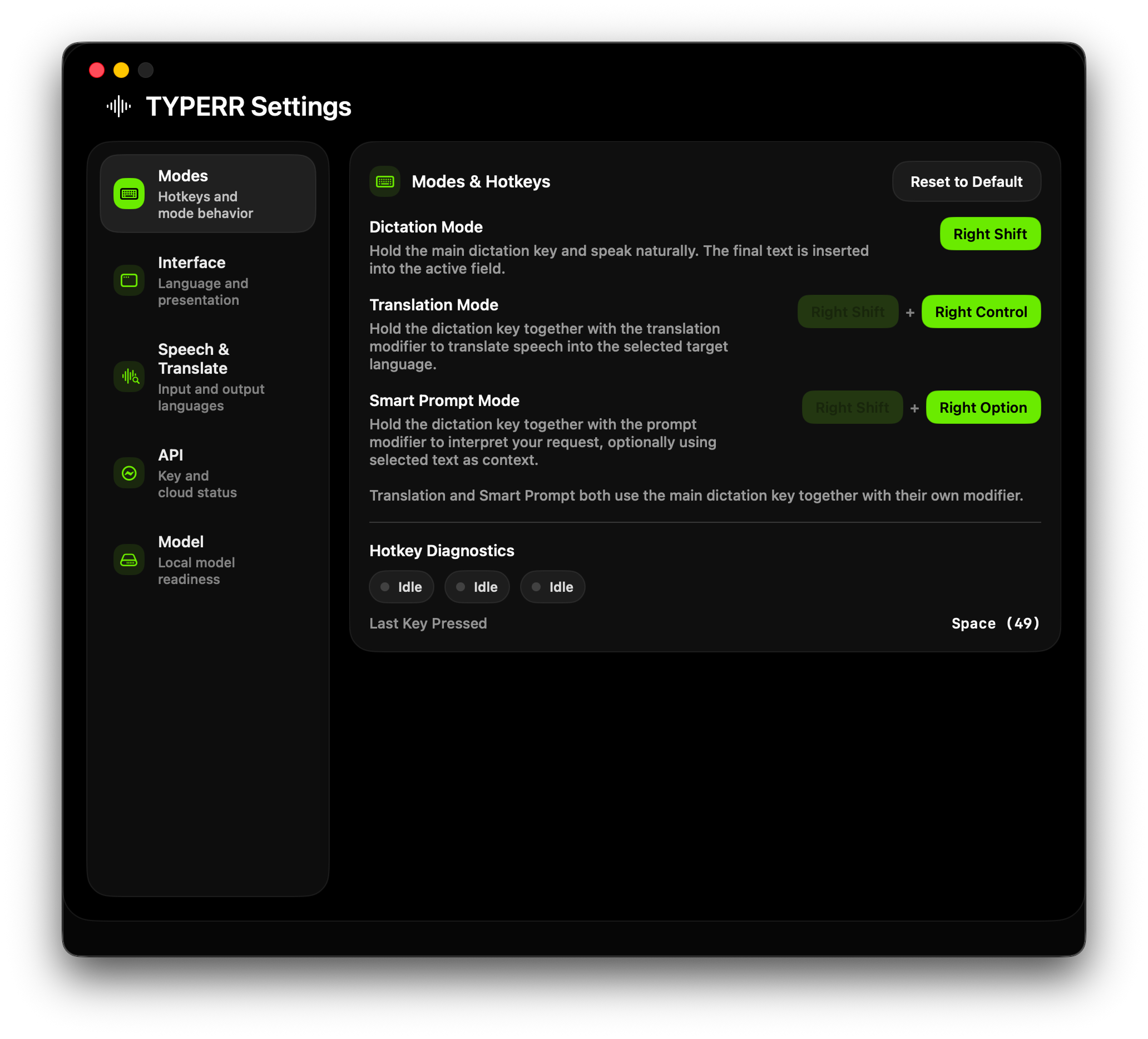 TYPERR main window — voice workflow interface with prompt result panel